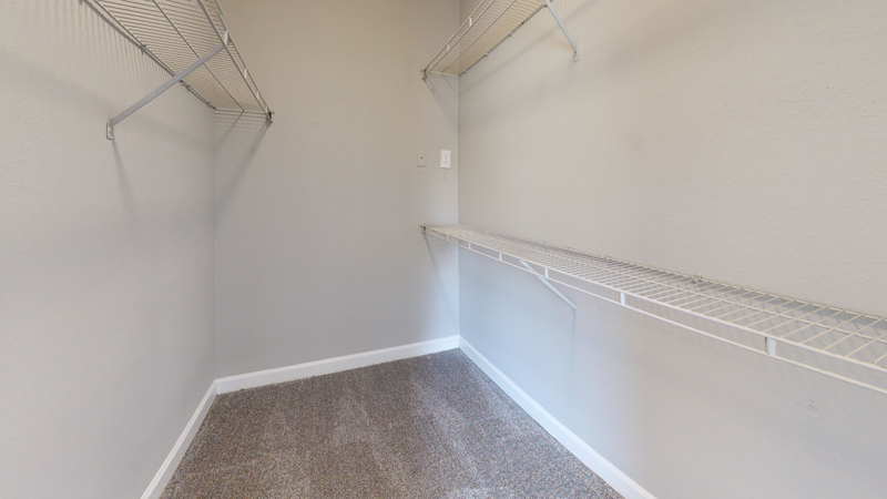 carpeted and large walk-in closet with white shelving