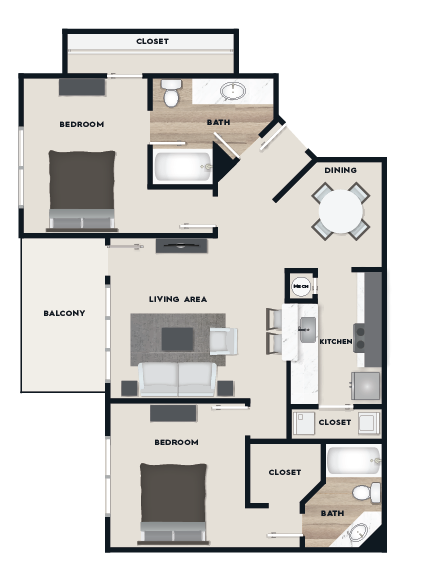 two bed two bath 1,244 square foot apartment