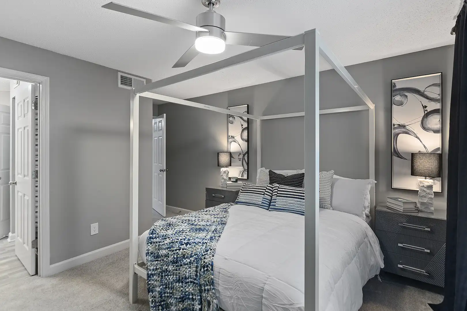 bedroom with modern furniture and ceiling fan